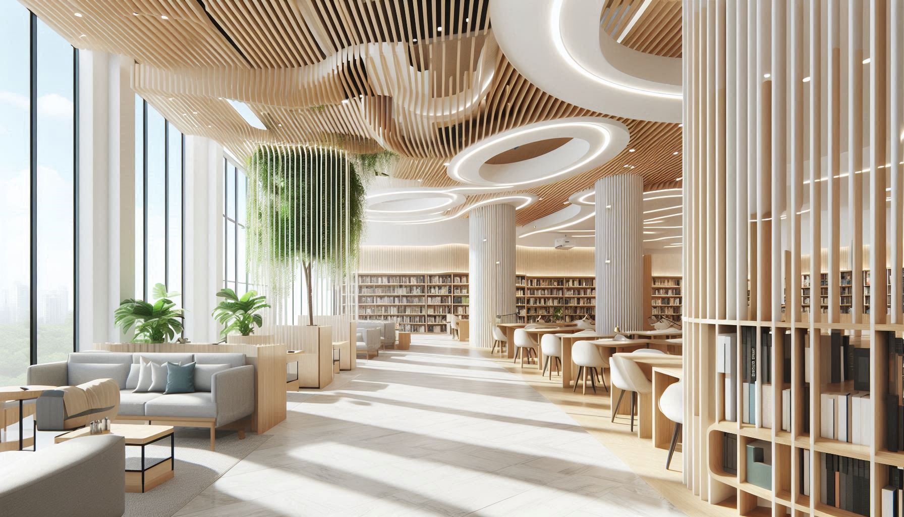 Oficina moderna con escritorios y lámparas