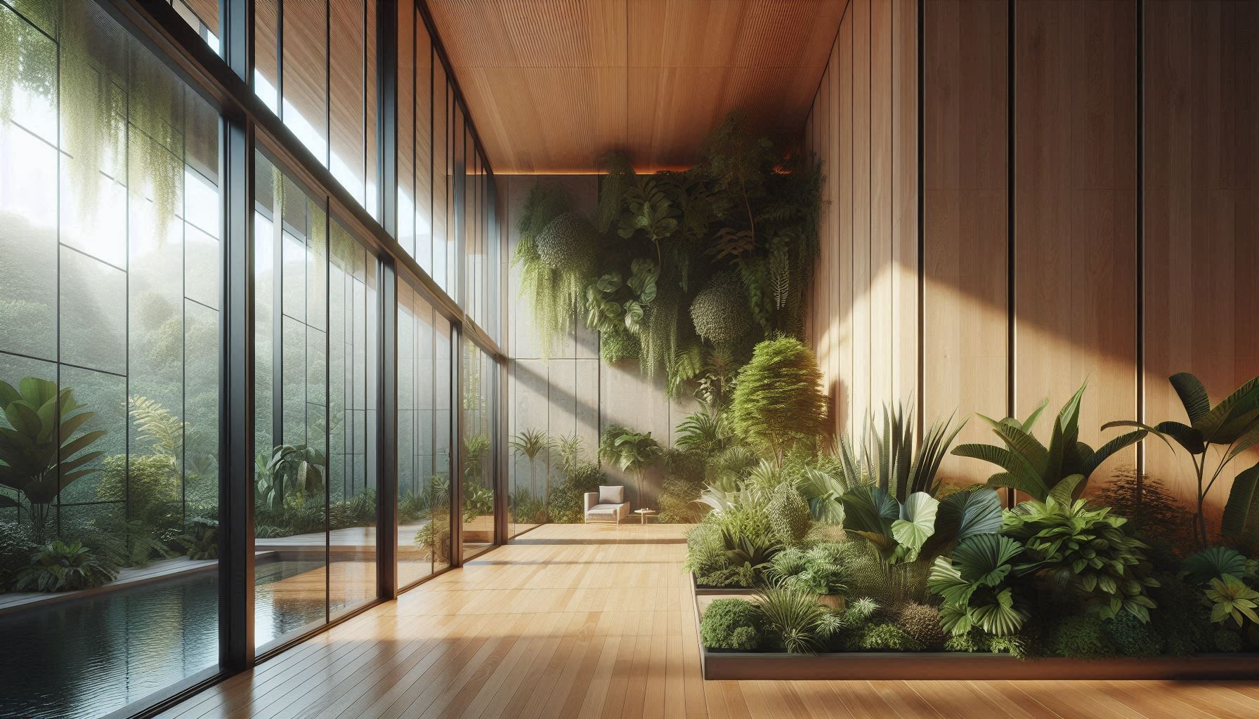 Oficina moderna con escritorios y lámparas