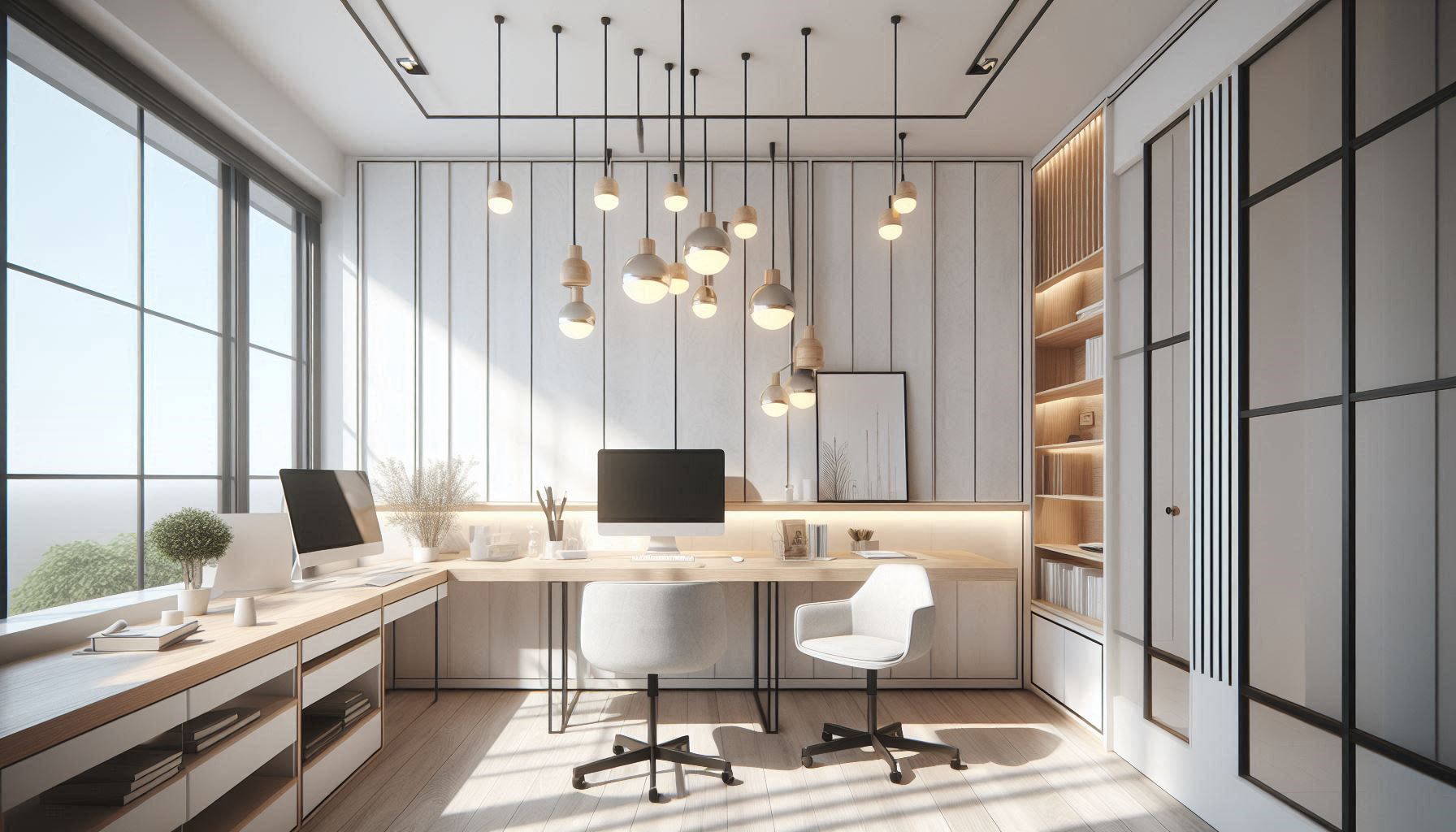 Oficina moderna con escritorios y lámparas