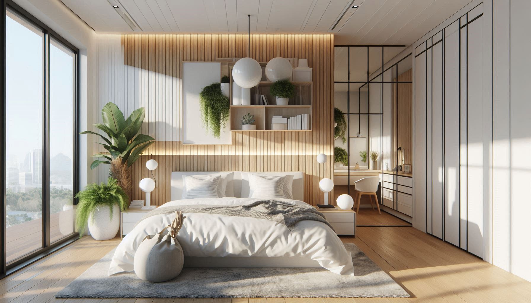 Dormitorio con iluminación cálida y vista exterior